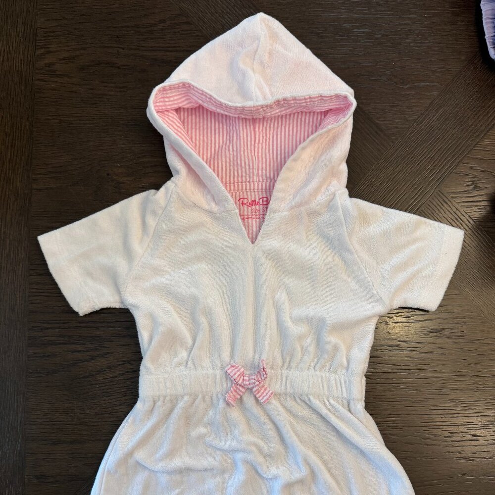 RuffleButts Pullover Coverup, White Terry and Pink Seersucker, Size 3T